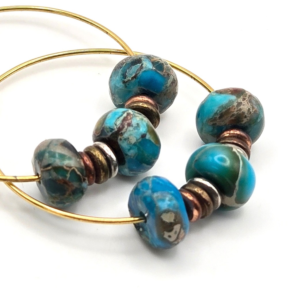 Impression Jasper Beaded Gold Tone Hoop Earrings Copper Silver Brass Tone Spacer